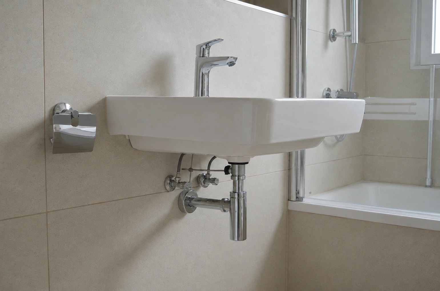 Helles Bad mit beleuchtetem Rundspiegel, Badewanne und terrazzoartigem Boden